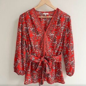 Max studio chiffon belted v neck floral blouse red M